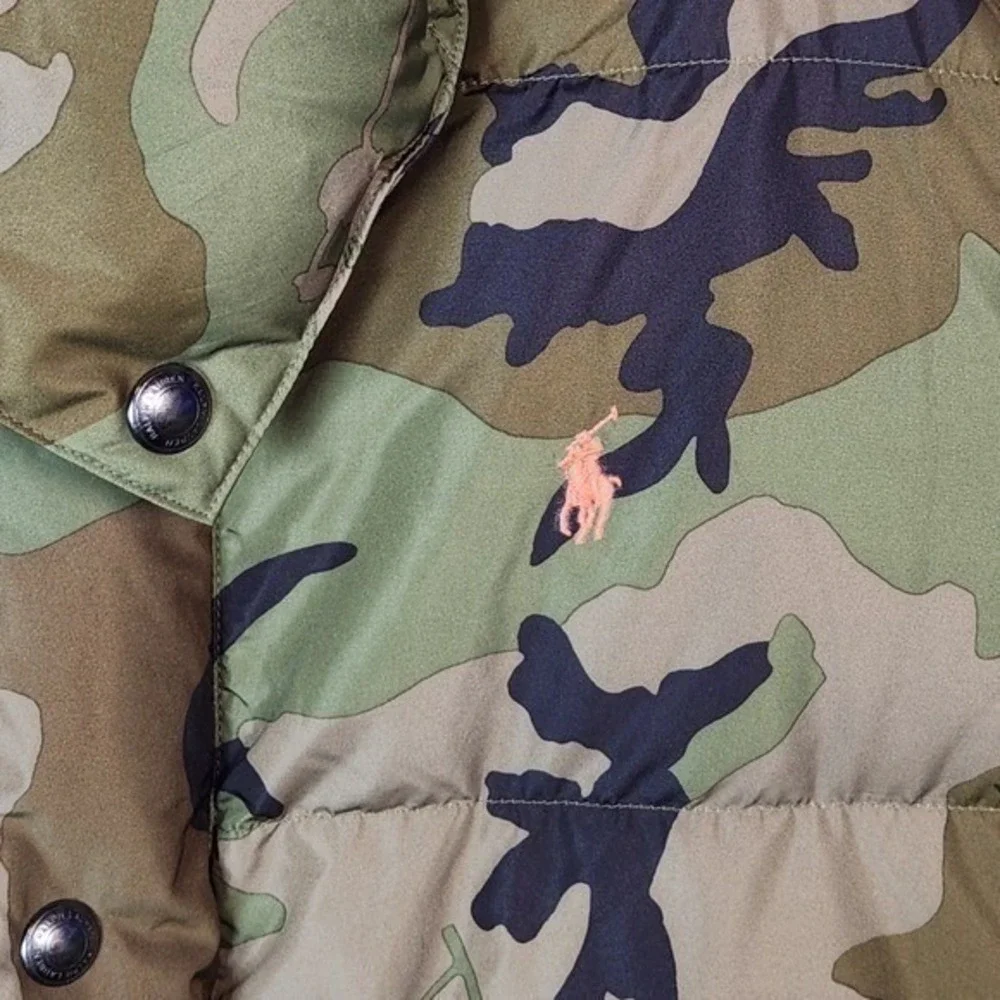 Polo Ralph Lauren Camo Boulder Down Puffer Jacket Men L Leather Trim Hooded NWOT